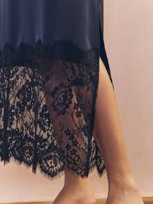 Women's Lace Satin Maxi Skirt Elastic Waist High Rise Floral Lace Patchwork Bodycon Maxi Skirts Y2k  Silk A-Line Side Split Summer Long Skirts Casual Party Club Cocktail Wear Streetwear - 藏蓝色 - 查看 4