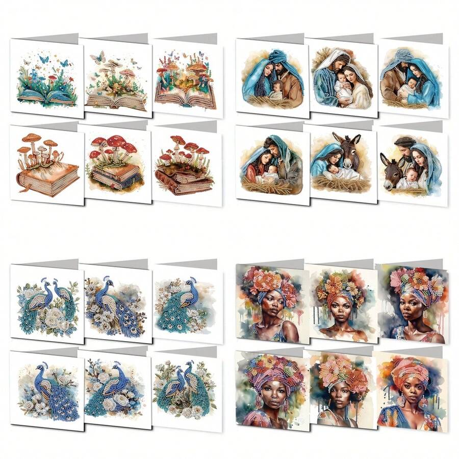 6件套DIY钻石画套装，蘑菇书、三口之家、花发女郎、孔雀动物主题贺卡，祝福与愿望，独特不对称形状钻石，纸质材料，手工工具及用品，适合长辈，节日派对DIY手工礼物