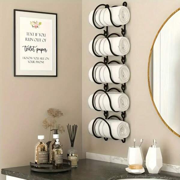 Estantería de 5 niveles para toallas de baño, gancho para bata, estantería de almacenamiento de metal montada en la pared, adecuada para baño, cocina, sala de estar, decoración moderna del hogar para el Día de San Valentín, Halloween, Navidad, Año Nuevo