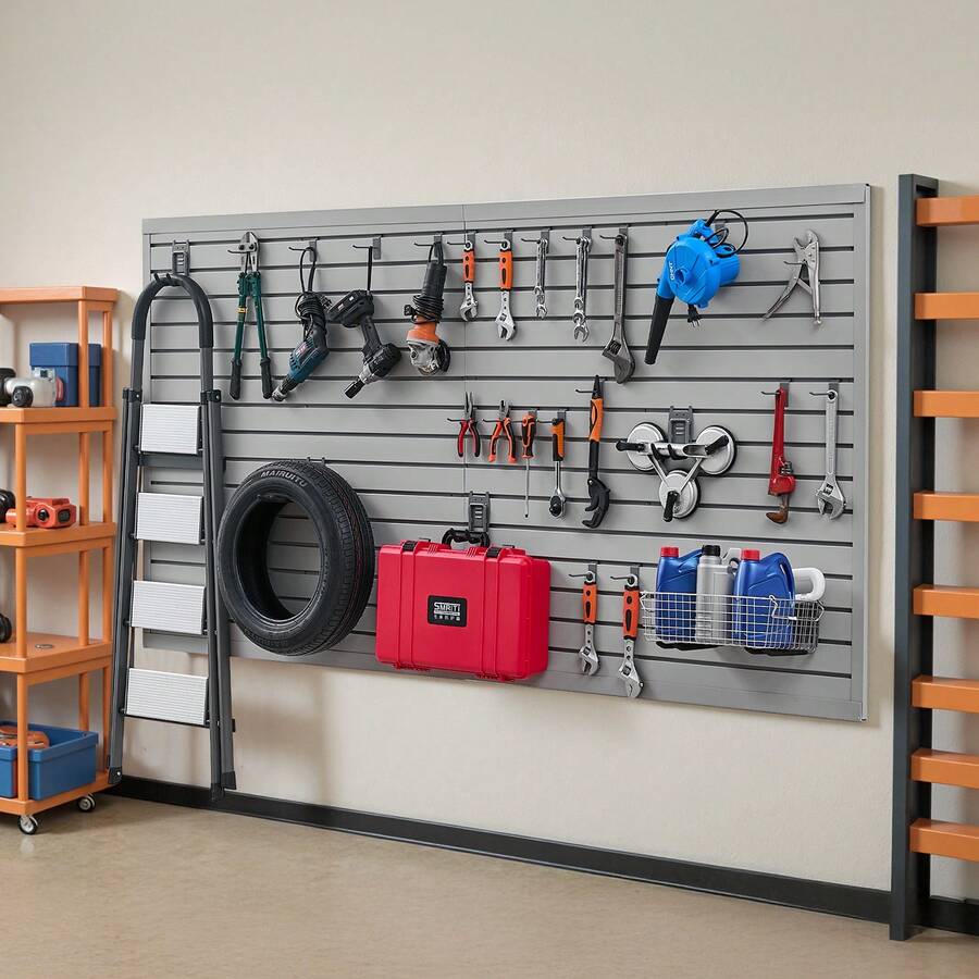 Slat Wall Paneling, 8 X 4 Ft, PVC Garage Slatwall With Accessories, Grey Slat Wall Easy-To-Install Adjustable Slatwall Panel With Coupling Structure & DIY Cutting, Fits For Storage & Display - Grey - View 1