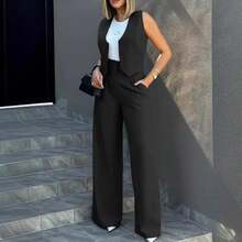 Trousers Suit Women's Vest Trousers Suit Elegant Loose Regular Work Suit High Waist Wide-Leg Trousers 2-Piece Street Suit - 淺灰色 - 查看 4