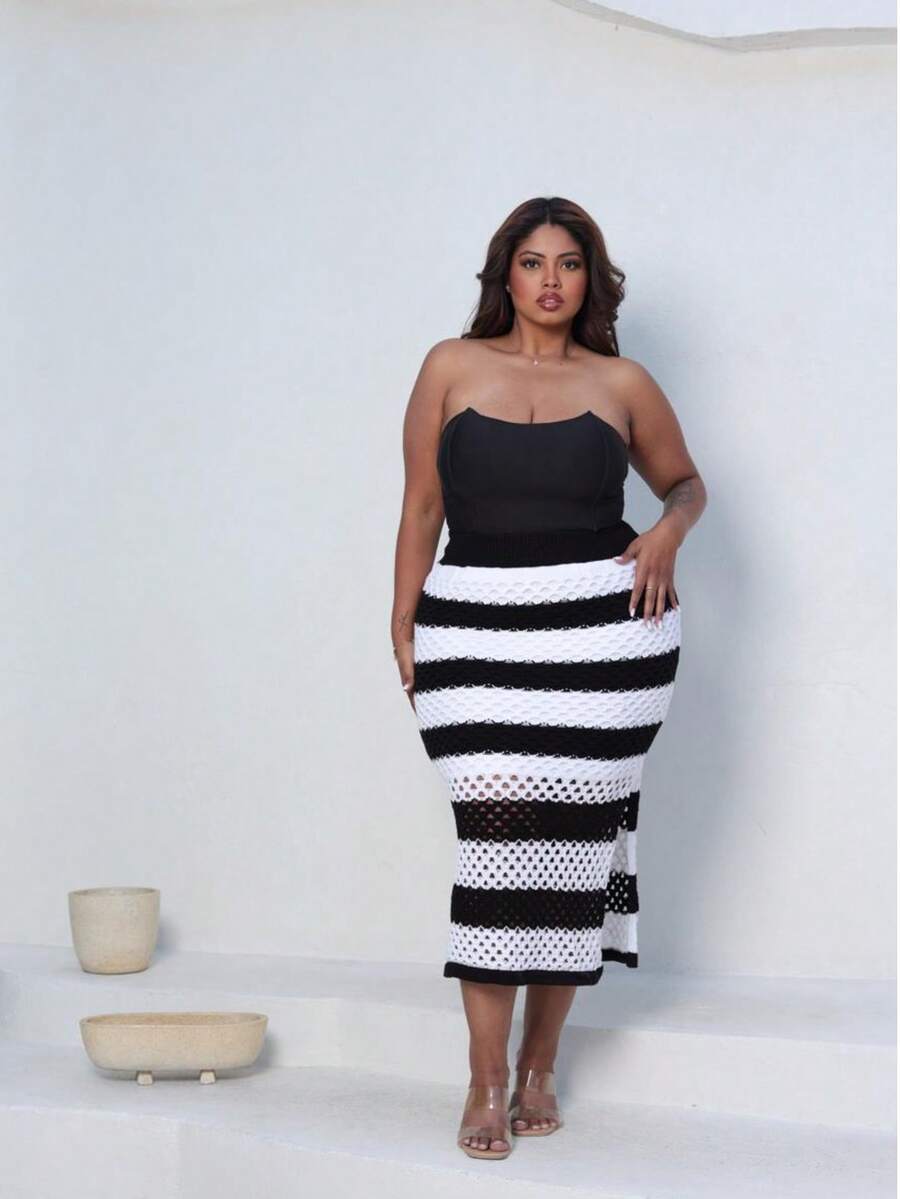 Plus Size Midi Skirt With Openwork Fabric In Modal Knit, Elegant, Casual - Black With White - View 1