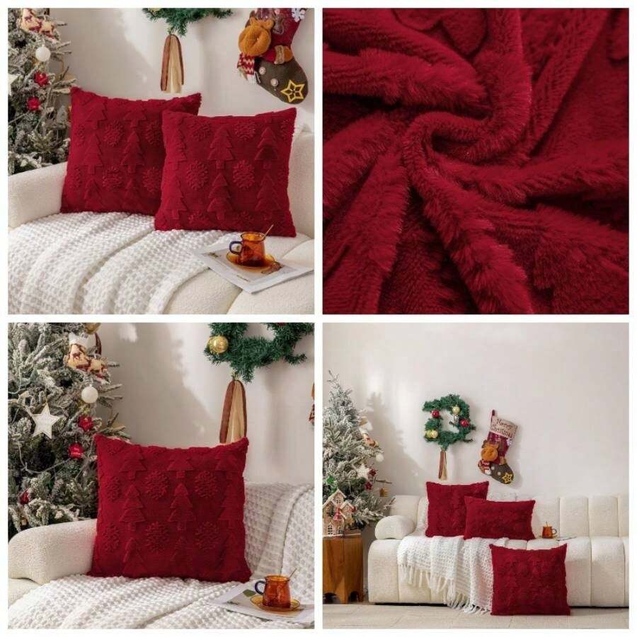 Fundas Navideo para Cojines 45x 45, 2 Felpa Fundas para Cojines de Pino de Navidad, Funda Almohada Cojines Navideos Elegantes, Cojines Decorativos Sala Modernos rbol de Navidad E, Rojo - inicial - Ver 1