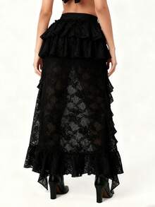 Women's Boho Lace Long Skirts Layered Ruffle Chiffon High Low Asymmetrical Flowy Skirts Y2k Sheer Mesh Maxi Skirts - 黑色 - 查看 7