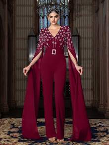 Elegant Crystal Embellished Jumpsuit - V-Neck Batwing Sleeve, Square Buckle Waist Belt, Flowy Wide Leg - Perfect For Formal Events, Red Carpet, Wedding Guests, And Gala Parties. - Burgundy - View 4