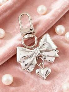 1pc Silver Alloy Bow & Heart Shaped Women Bag Charm, Wallet Accessory, Minimalist Punk Style, Suitable For Outings, Women's Gift, Girlfriend Birthday/Christmas Gift, Wallet Decor & Chain, Bag Pendant, Teacher Accessory