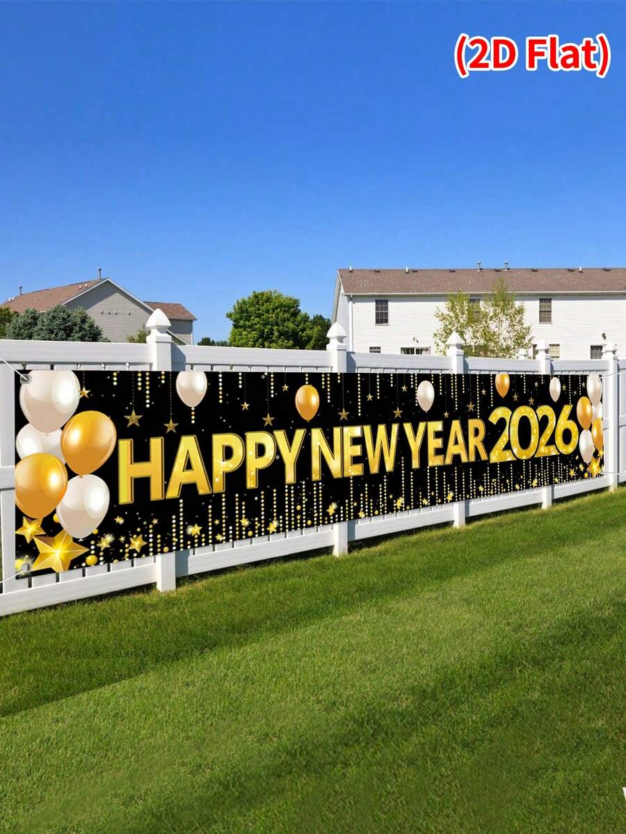 1件新年快乐背景横幅，黑金相间悬挂旗帜背景，带气球设计，新年除夕庆祝用品，2026新年派对装饰，背景装饰，新年拍照道具，新年快乐装饰，节日派对用品，花园装饰