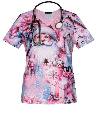 Women's Christmas Santa Claus Print Spring & Summer V-Neck Fall Scrub Short Sleeve Nurse Uniform Tops With Pockets For Women