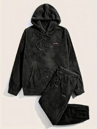 2 件男士羊毛套装，休闲连帽衫长袖运动衫和运动裤套装，厚实保暖