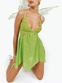 Women Fairy Lace Dress Spaghetti Strap Mesh Mini Dress Tinker Costume Bell Halloween Sleeveless Slip Backless Lace Trim Nightgown Lingerie - 綠色 - 查看 2