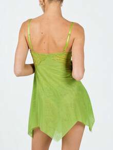 Women Fairy Lace Dress Spaghetti Strap Mesh Mini Dress Tinker Costume Bell Halloween Sleeveless Slip Backless Lace Trim Nightgown Lingerie - 綠色 - 查看 3