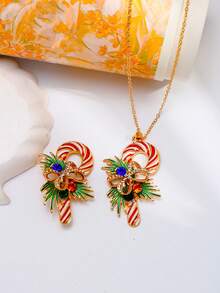Conjunto de collar colgante y broche de bastón de caramelo navideño - Joyería festiva en tono dorado para mujeres, uso diario lindo y regalo navideño