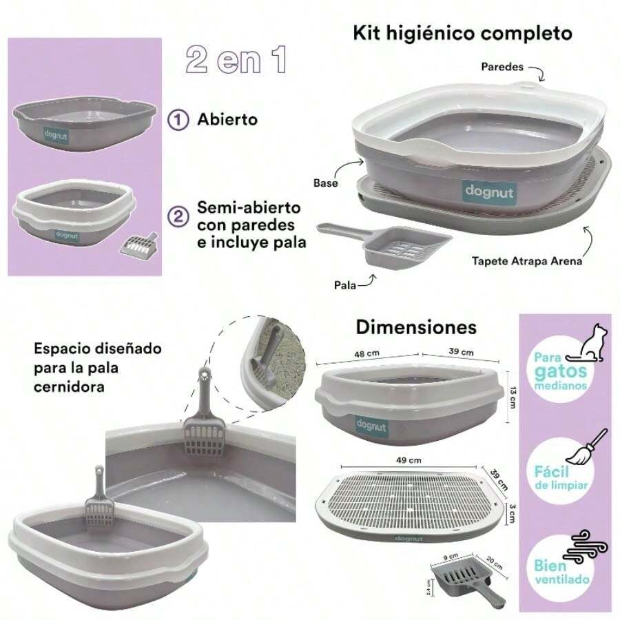 Kit Arenero para Gato con Pala+ Tapete Atrapa, Abierto, Base con Paredes, Gris y Blanco - Gris & Blanco - Ver 1