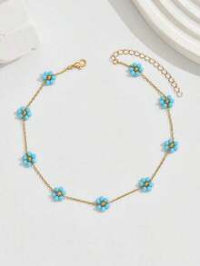 1pc Elegant Blue 6-Petal Flower Necklace For Women, Floral Chain Jewelry With Delicate Design, Perfect For Daily Wear, Dresses, Shopping, Parties, Travel In Spring/Summer, Valentine's Day & Mother's Day Gift - 花 3 - 查看 2