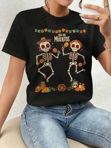 Playera Para Mujer,Día De Muertos, Esqueleto, Camiseta Gráfica, Regalo - Negro - Ver 7
