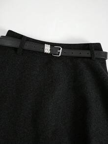 Gonna ampia stile francese casual da donna con cintura, tessuto non elasticizzato, comoda e alla moda per uso quotidiano, autunno/inverno, effetto snellente in vita, vestibilità morbida, silhouette a-line, design elegante e minimalista - Nero puro - Visualizzare 3