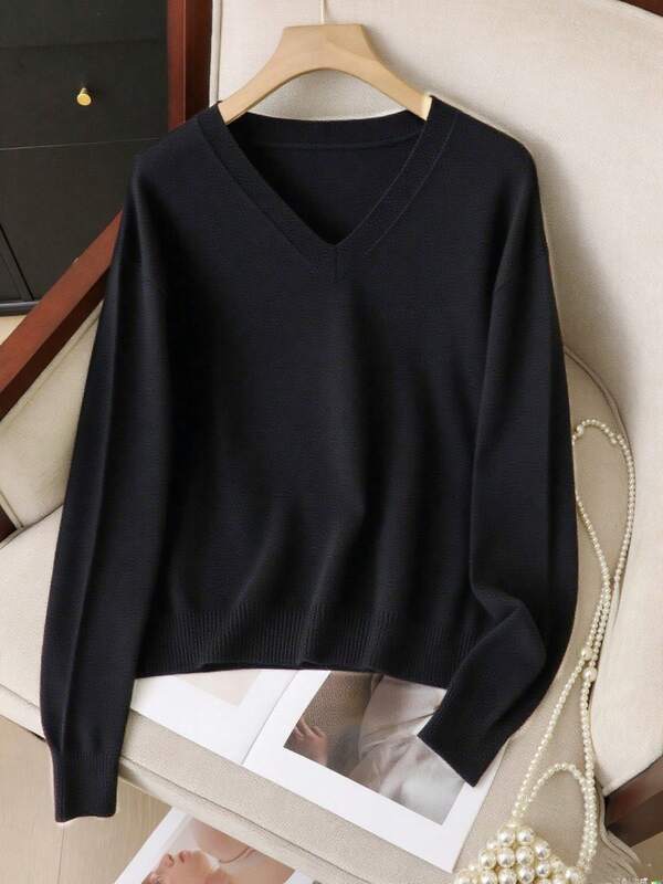 GIGOGOU Solid Color Knit Basic Thin V-Neck Women Casual Sweater Top, Soft & Warm Long Sleeve Tops For Daily Wear & Home, Spring/Autumn