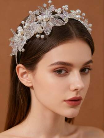 1pc Resin Butterfly & Faux Pearl Decor Headband, Elegant Hair Accessory For Wedding, Daily Wear, Birthday, Vacation
