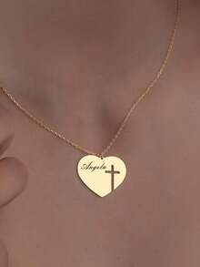 1PC Custom Personalized Engraved Heart-Shaped Hollow Cross Pendant Necklace, Stainless Steel Jewelry, Custom Jewelry, Women's Necklace, Custom Name Necklace, Gold Necklace And Silver Necklace, Customizable Items, Cross Necklace, Various Chinese Gifts, Customized Christmas Gifts, Halloween Gifts, Valentine's Day, Mother's Day, Birthdays And Anniversaries Elegant Bohemian Jewelry Gifts - Multicolor - View 5