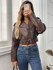 Women's Faux Leather Biker Short Jacket - Reddish Brown - View 6