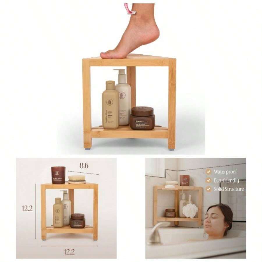 Corner Shower Stool Inside Shower - Waterproof Shower Foot Rest Shaving - Small Shower Stool Shower Inside Shower With Storage Shelf Small Shower Spaces - Bamboo - View 1