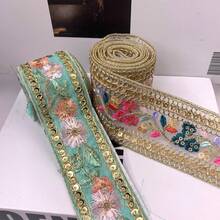 1条花卉刺绣蕾丝缎带，2/10码布料饰边，适用于DIY手工、缝纫用品、家居装饰、礼品包装 - 金色和绿色，蕾丝缎带 - 綠色+金色 - 查看 5