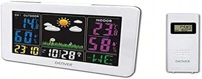 Denver Estación Meteorológica WS-540WHITE. Pantalla LED a color. Termómetro higrómetro digital para medición interior/exterior de temperatura y humedad. Previsión meteorológica. Función reloj y alarma