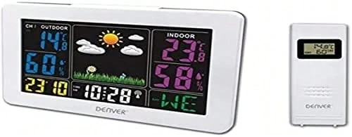 Denver WS-540WHITE Wetterstation. Farbiges LED-Display. Digitales Thermometer-Hygrometer zur Messung von Temperatur und Luftfeuchtigkeit im Innen- und Außenbereich. Wettervorhersage. Uhr- und Alarmfunktion. - Weiss - Übersicht 1