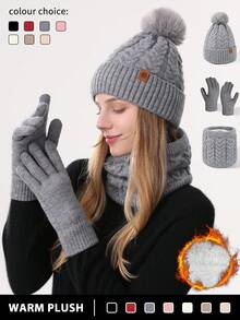 Set de 1-3 piezas de gorro de punto, cuello calentador y guantes con pantalla táctil para mujer en invierno, de doble capa con forro térmico, tela jacquard con estampado, textura de copos de nieve, adecuado para esquiar, viajar, conducir, citas, regalo para mujer, accesorios de invierno para uso diario