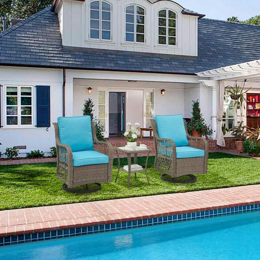 Juego de 3 Piezas para Patio, Bistró de Mimbre Exterior con 2 Sillas Mecedoras Giratorias y Mesa de Vidrio Templado, Muebles Modernos para Jardín, Terraza y Balcón – Outdoor Living - Multicolor - Ver 1