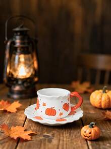 1 conjunto criativo minimalista pintado à mão com design assimétrico de abóbora, xícara de café de cerâmica e pires, ideal para presente de Halloween