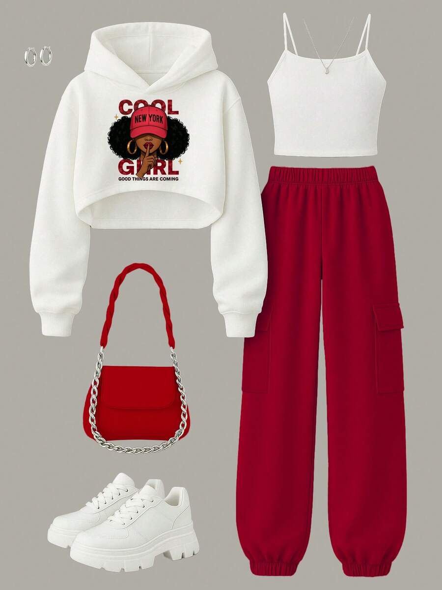 Bộ trang phục thường ngày 3 món cho bé gái tuổi teen: Áo hoodie in họa tiết, áo hai dây và quần túi hộp, thích hợp cho các hoạt động ngoài trời, dành cho bé gái tuổi teen - Đỏ - Xem 1