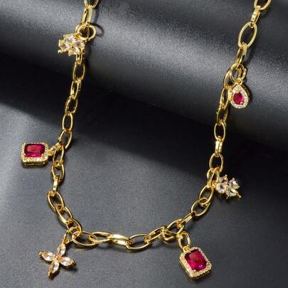 1pc Retro Charm 14k Gold Multi-Element Ruby Necklace Exquisite Elegant Style Chain Suitable For Women Daily Parties Banquets Weddings Dates Wear Valentine's Day Gifts Good Friend Gifts