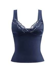 Y2K Style Solid Deep V-Neck Strap Tank Backless Fitted Sexy Lace Camisole Top Streetwear Graduation Outfit Suitable For Summer Beach Vacation, Date, Music Festival And Concert,4th Of July USA