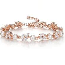 Crysdue Wedding Bridal Link Bracelet Brides Bridesmaids, Marquise Cubic Zirconia Tennis Bracelets Women Prom Jewelry - E_珍珠+CZ,玫瑰金 6.3-7.87 英寸 - 查看 12