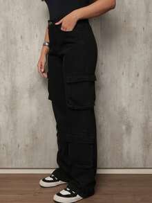 Women's Black Wide Leg Cargo Jeans With Side Pockets - Simple Style And Comfort Elegant Party Jeans Zipper Pocket Cargo Stage And Concert - 黑色 - 查看 2
