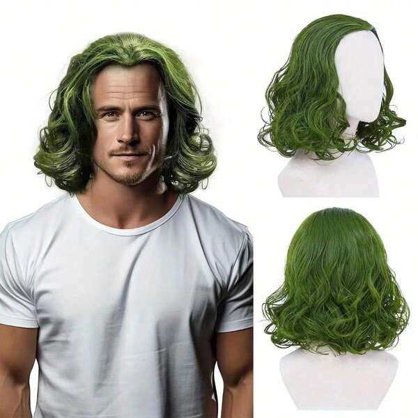 Men's Wavy Green Wig - Cool & Handsome Style, Polyester Synthetic Fiber, Ideal For Clown Cosplay, Halloween Party Costume, Anime Dress Up – Versatile Design For Various Occasions
