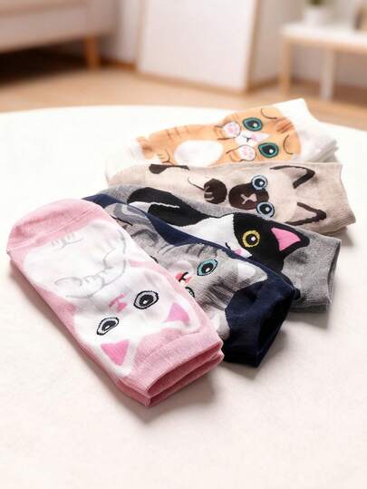 5 Pairs Of Girls' Teen Cotton Blend Cute Cartoon Cat Ankle Socks, Suitable For Daily Wear In Autumn And Winter