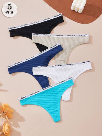 5 Stück/Pack Baumwoll G-String Höschen, gerippter Bund sexy Buchstabe G Unterwäsche, kontrastfarbige T-Back weiche Dreieck Höschen für lässigen Sport Bikini