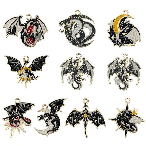 6/10 pezzi Orecchini a cerchio in lega smaltata con motivi di drago, fenice, pitone, aquila, cervo in nero e bianco. Accessori per capelli, ciondoli, accessori fai-da-te.