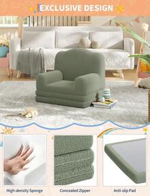 Sofá Infantil 2 en 1 Verde Corona, Sillón Convertible a Lounge para Niños y Niñas, Puff de Espuma con Forro Sherpa Suave, Regalo Perfecto para Pequeños – Kids Room - Verde - Ver 5