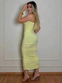 Strapless Midi Dress With Suplex Cup, Ruched Sides, Wrinkled, Strapless, Elegant, Sensual, Tight Fit - 黃色 - 查看 3