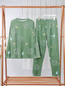 2Pzs Conjuntos De Pijamas Gruesos y Cálidos Térmica Para Mujer Top Y Pantalón pijama Polar Mujer - Verde - Ver 8