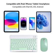 Tablet Wireless Keyboard And Mouse Combo, Compatible With Mainstream Tablets Such As IPad, Android, And Microsoft Devices. Also Works With Smartphones And Laptops. The 10-Inch Keyboard Is Lightweight, Ultra-Thin, And Portable. The Mouse Features Dual-Mode Connectivity (2.4G BT Receiver And Wireless Mode), With 3-Level DPI Adjustment. Includes A High-Capacity Rechargeable Battery. And Supports Fast Pairing. - 綠色 - 查看 1