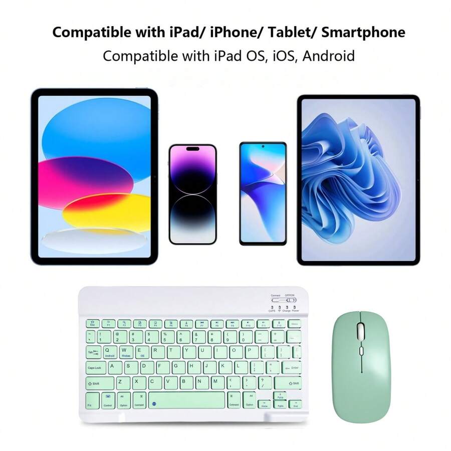 Tablet Wireless Keyboard And Mouse Combo, Compatible With Mainstream Tablets Such As IPad, Android, And Microsoft Devices. Also Works With Smartphones And Laptops. The 10-Inch Keyboard Is Lightweight, Ultra-Thin, And Portable. The Mouse Features Dual-Mode Connectivity (2.4G BT Receiver And Wireless Mode), With 3-Level DPI Adjustment. Includes A High-Capacity Rechargeable Battery. And Supports Fast Pairing. - 綠色 - 查看 1