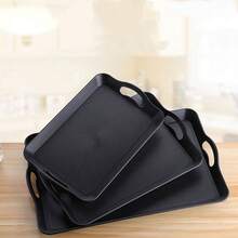 3pcs Plastic Rectangular Tray With Wood Grain Serving Plate, Hotel Restaurant Black Double Ear Anti Hand-Held Tray - Black - View 2