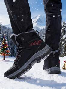 Milikuyou[End Of Season ]Winter Bestseller Men's Fleece Snow Boots, Thick Warm Outdoor Anti-Slip Boots, Men's Black Leather Upper Outdoor Snow Boots, Metal Buckle Design, High-Top Suede Leather Waterproof Anti-Slip Hiking Boots, Contrast Color Laces, Cargo Style Style, Suitable For Warmth And Outdoor Functionality Needs, Size 39-48 (Asymmetrical Pattern) - Black - View 3