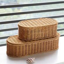 1PC  Rattan Storage Box With Lid Boho Imitation Rattan Storage Basket - Woven Box, Dust-Proof Cutlery Frame, Home Decoration Kitchen Organizer - Nâu-Oval S - Xem 7