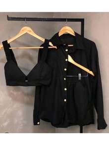 3-Piece Set: 1 Long-Sleeved Coat, 1 Bandeau Top, 1 Shorts. - 黑色 - 查看 2