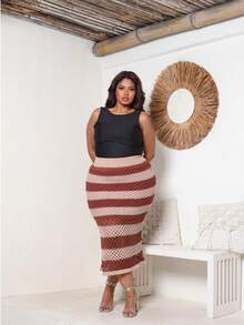 Plus Size Midi Skirt With Openwork Fabric In Modal Knit, Elegant, Casual - Beige With Brown - View 9